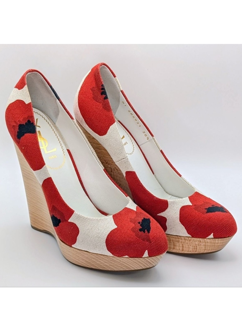 NWT YSL Floral Poppy Wedge Heels Size 38.5 US 8.5 Brand New Authentic Luxury - Picture 4 of 16